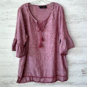 TAHARI 100% Linen Boho Popcorn Fringe Bell Sleeve Blouse 1X Red/Pink